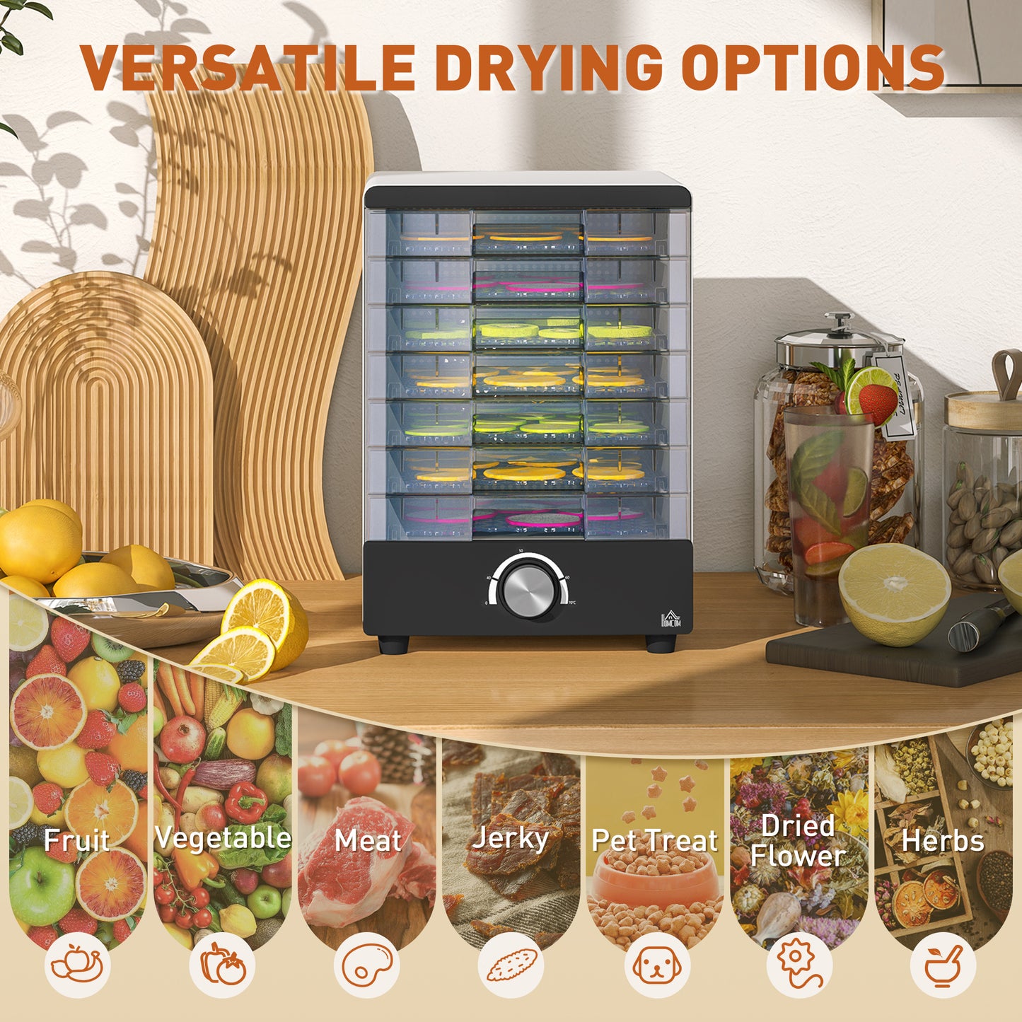 HOMCOM Food Dehydrator with 7 Stainless Steel Tray, for Fruit, Meat, White - Meekshire
