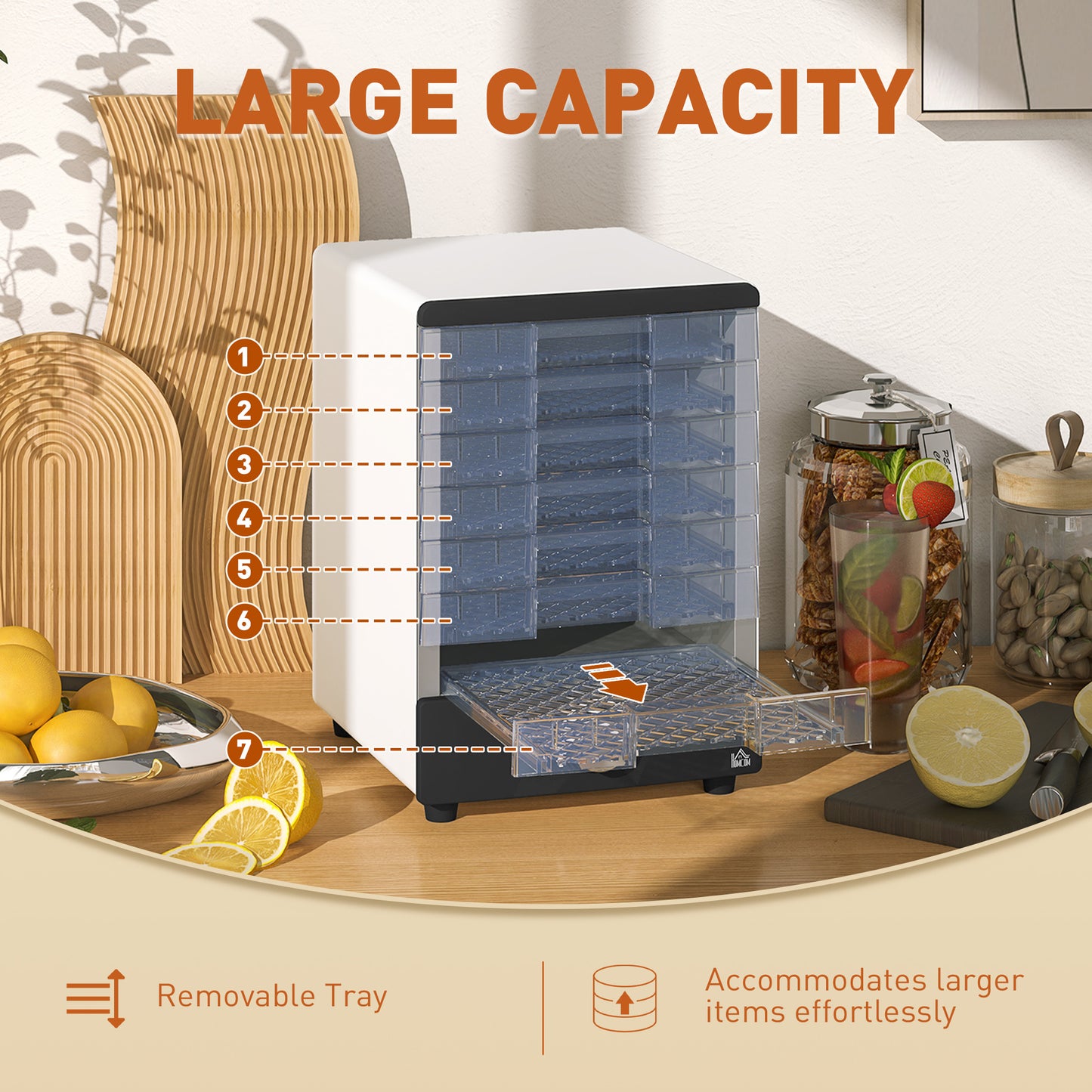 HOMCOM Food Dehydrator with 7 Stainless Steel Tray, for Fruit, Meat, White - Meekshire