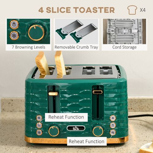 HOMCOM Kettle and Toaster Set 1.7L Rapid Boil Kettle & 4 Slice Toaster Green - Meekshire
