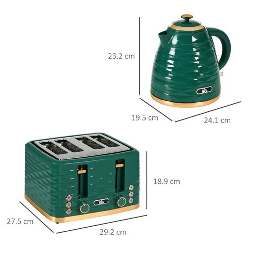 HOMCOM Kettle and Toaster Set 1.7L Rapid Boil Kettle & 4 Slice Toaster Green - Meekshire