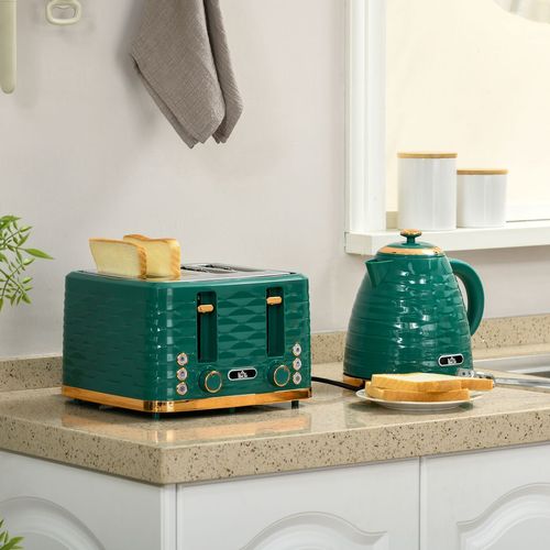 HOMCOM Kettle and Toaster Set 1.7L Rapid Boil Kettle & 4 Slice Toaster Green - Meekshire