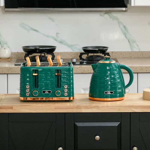 HOMCOM Kettle and Toaster Set 1.7L Rapid Boil Kettle & 4 Slice Toaster Green - Meekshire