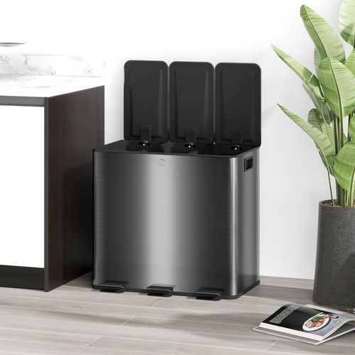 HOMCOM 3 x 15L Triple Kitchen Bin Pedal Bin for Recycling and Waste, Black - Meekshire