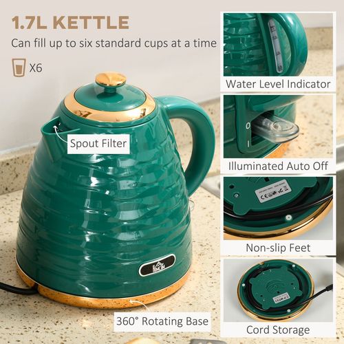 HOMCOM Kettle and Toaster Set 1.7L Rapid Boil Kettle & 4 Slice Toaster Green - Meekshire